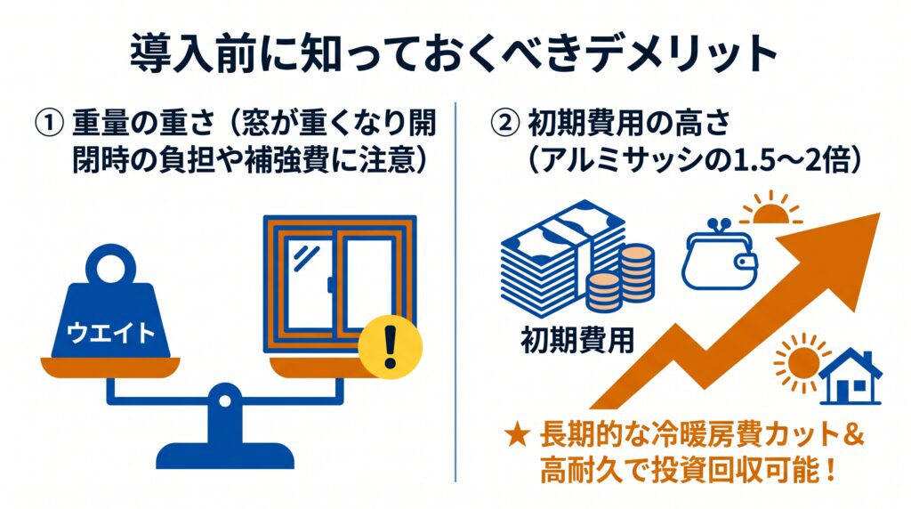 樹脂サッシの2つのデメリットと長期的価値を説明する比較図。左側「① 重量の重さ(窓が重くなり開閉時の負担や補強費に注意)」の天秤と!マーク。右側「② 初期費用の高さ(アルミサッシの1.5〜2倍)」のお札と、そこから未来へ伸びる「★ 長期的な冷暖房費カット&高耐久で投資回収可能!」の矢印と財布アイコン。