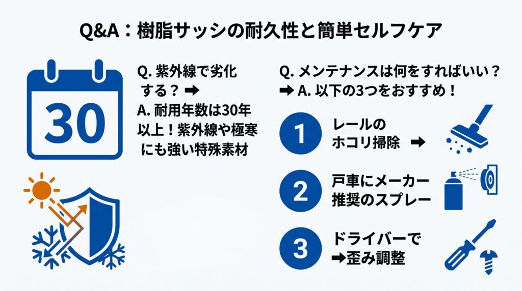 樹脂サッシの耐久性と簡単セルフケアQ&A図。左側(耐久性):30年カレンダー、樹脂窓シールド、テキスト。右側(メンテナンス):1. レールのホコリ掃除。2. 戸車にメーカー推奨のスプレー。3. ドライバーで歪み調整。
