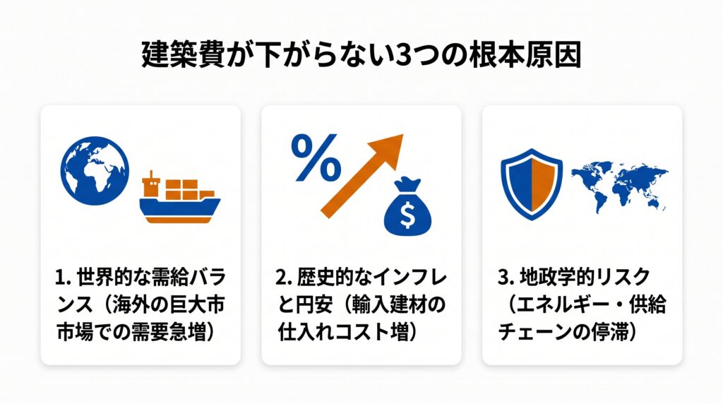 建築費が下がらない3つの根本原因。世界的な需給バランス、歴史的なインフレと円安、地政学的リスクという3つの構造的背景を解説する図解です。