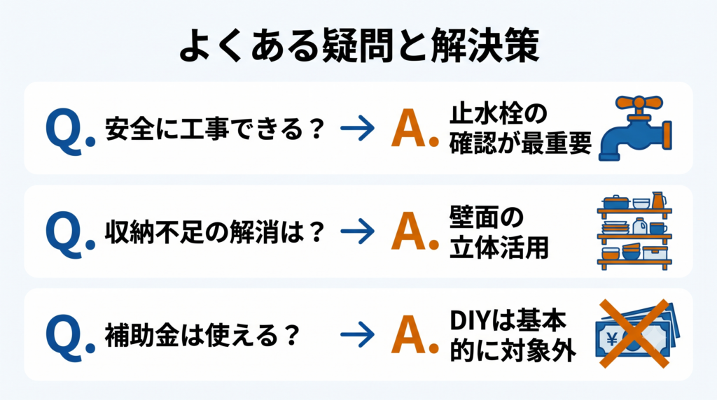 DIYリフォームに関するよくある疑問（安全性、収納、補助金）とその解決策をまとめたQ&A形式の図解。
