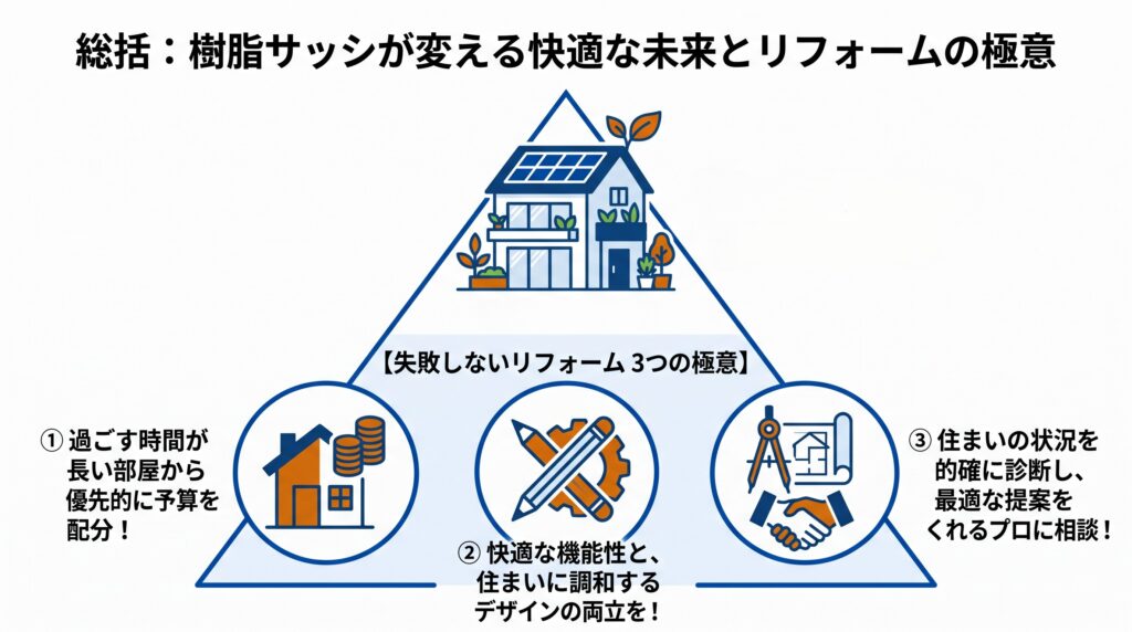 リフォームの3大極意を示すピラミッド図。中央上部:「未来基準の家(太陽光パネル、植物、高断熱窓付きのクリーンな建物)」。下部3つの成功極意アイコン:お財布と家(スマート予算配分)、ペンと歯車(デザインと機能の両立)、ガゼボと図面と握手(信頼のプロ相談)。