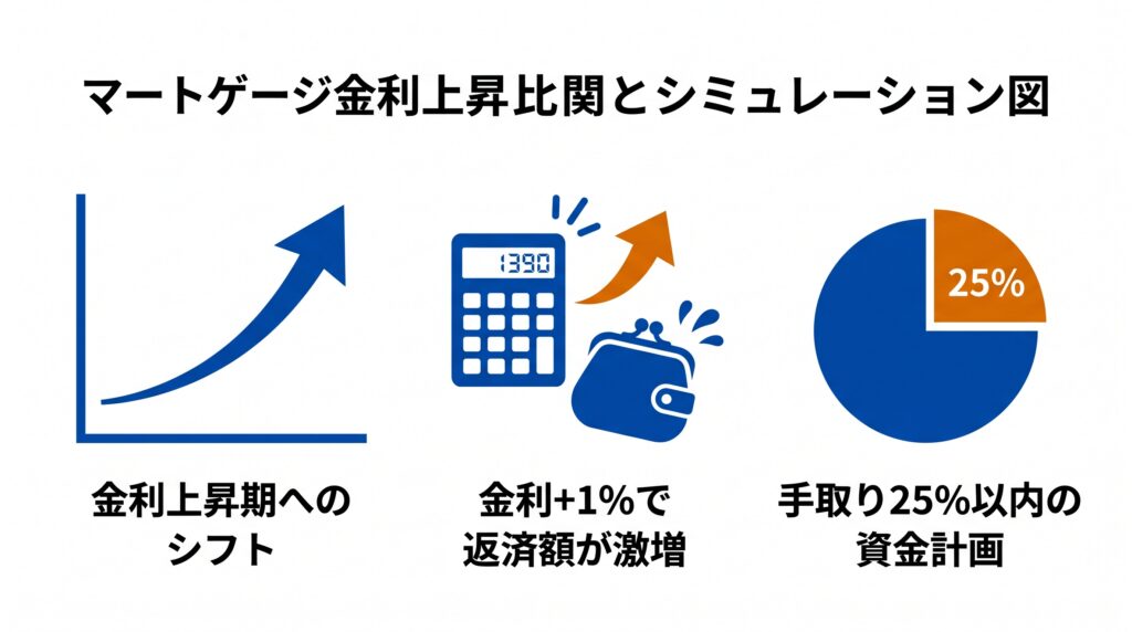 住宅ローン金利上昇の影響を示すシミュレーション図。金利上昇のグラフ、返済額激増を示す電卓と財布、手取り25%以内の資金計画を示す円グラフを配置。
