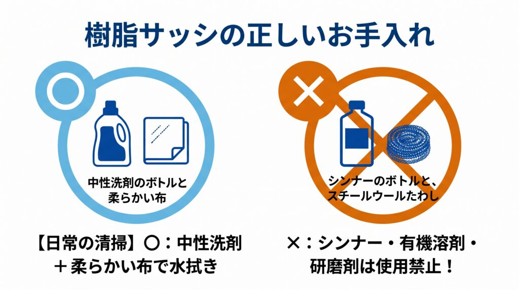 樹脂サッシの日常のお手入れにおけるOKとNGを説明するインフォグラフィック。左側(〇):中性洗剤と柔らかい布。右側(✕):シンナーとスチールたわし。テキストは「樹脂サッシの正しいお手入れ」「【日常の清掃】〇:中性洗剤 + 柔らかい布で水拭き/✕:シンナー・有機溶剤・研磨剤は使用禁止!」。人物はおらず、シンプルなピクトグラムのみ。