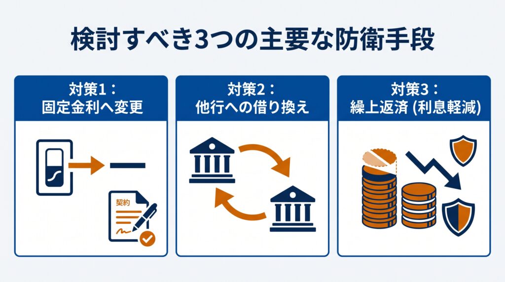 住宅ローン金利上昇時に検討すべき3つの主要な防衛手段。固定金利への変更、他行への借り換え、繰上返済による利息軽減をステップ形式で図解。