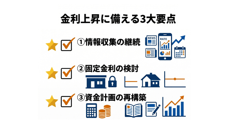 金利上昇に備える3大要点のまとめ図。1.情報収集の継続、2.固定金利の検討、3.資金計画の再構築をチェックリスト形式で提示。