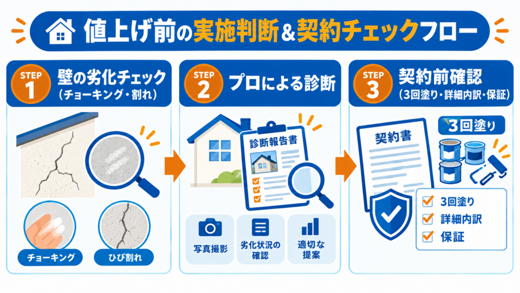 外壁のチョーキングやひび割れのチェックからプロによる診断、3回塗り・詳細内訳・保証の契約前確認までを示した外壁塗装のチェックフロー