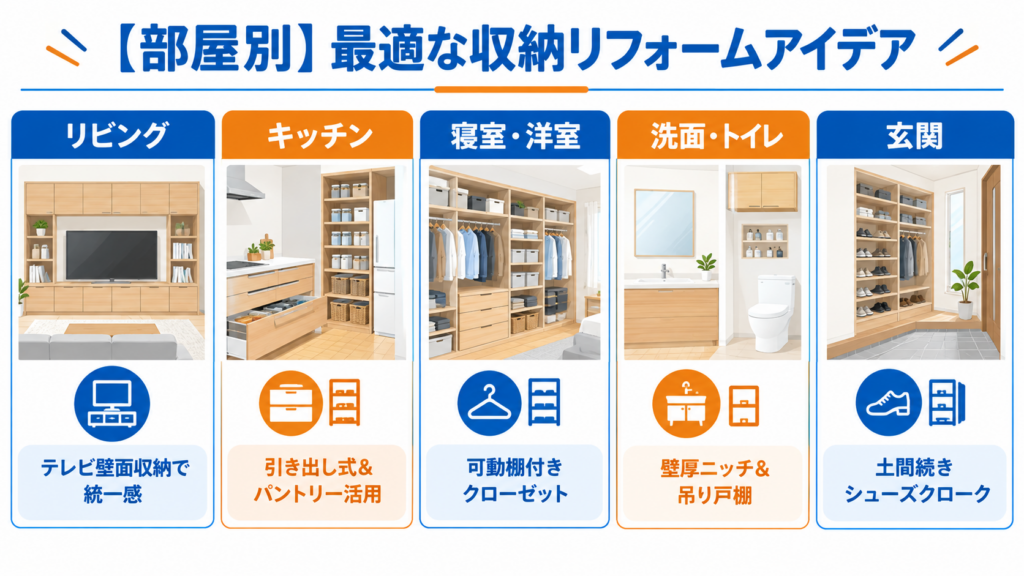 リビング・キッチン・寝室・洗面トイレ・玄関の部屋別に最適な収納リフォームアイデアを紹介する図解