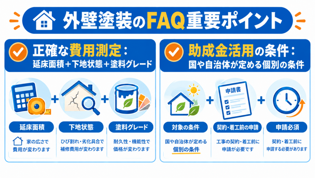 外壁塗装費用を決める延床面積・下地状態・塗料グレードと、国や自治体が定める個別の条件や契約・着工前の申請について示したFAQ図解