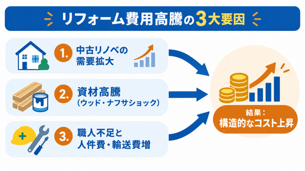 リフォーム費用高騰の3大要因を示す図解。中古リノベ需要の拡大、資材高騰、職人不足と人件費・輸送費の増加がコスト上昇につながる構造を解説