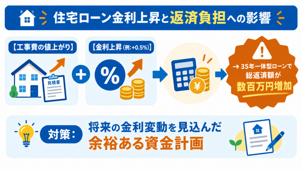 リフォーム工事費の上昇と住宅ローン金利上昇が返済負担に与える影響を示す図解。35年一体型ローンでは総返済額が増加する可能性を解説