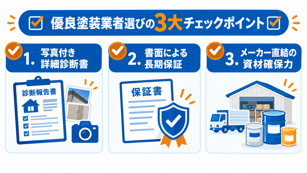 優良な外壁塗装業者を選ぶための3大チェックポイントとして写真付き詳細診断書、書面による長期保証、メーカー直結の資材確保力を示した図解