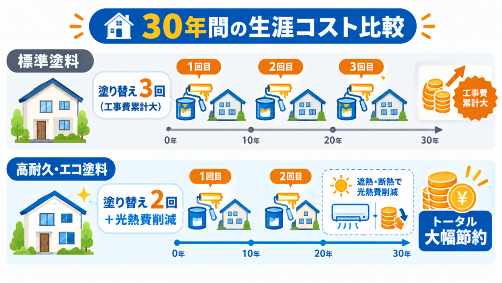 標準塗料と高耐久・エコ塗料について、30年間の塗り替え回数と工事費、光熱費削減を比較した生涯コスト図解
