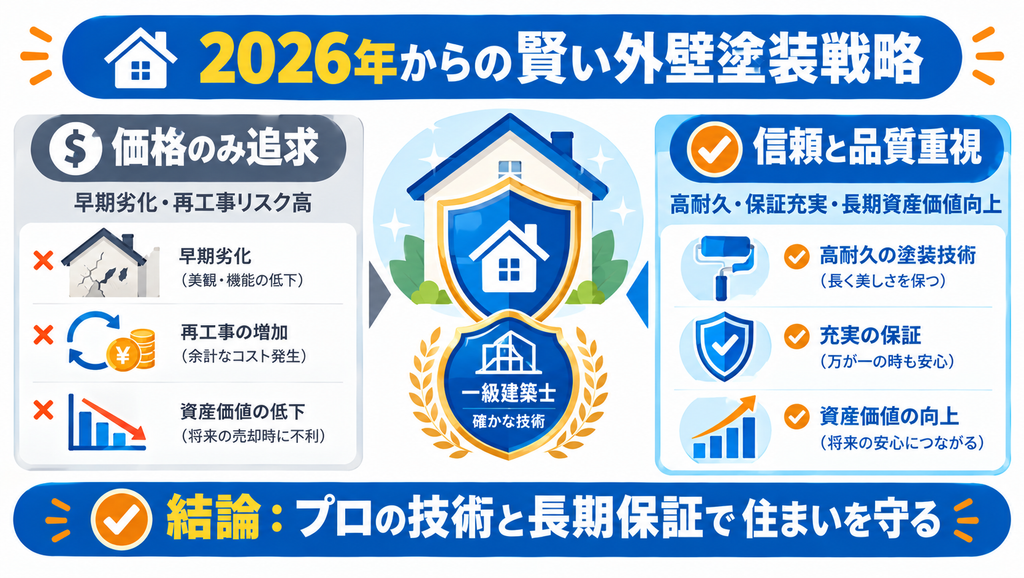 2026年の外壁塗装戦略として、価格だけでなく施工品質や耐久性、長期保証を重視して住まいを守るポイントを比較した図解