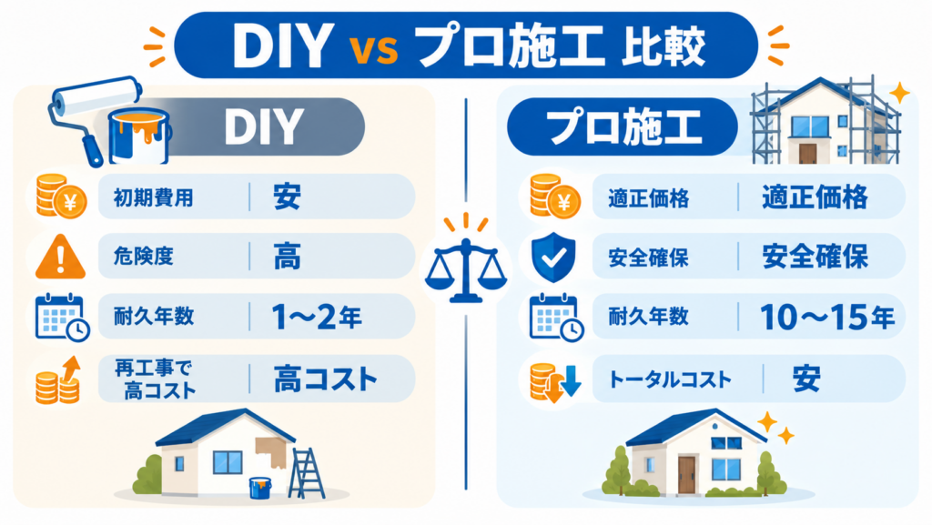 外壁塗装のDIYとプロ施工を初期費用、危険度、耐久年数、再工事によるコストの違いで比較した図解