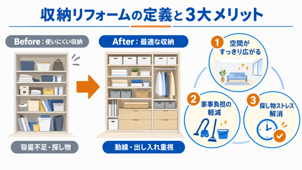 収納リフォームの定義と3大メリットをBefore・Afterで比較し、空間活用・家事負担軽減・探し物ストレス解消を紹介する図解