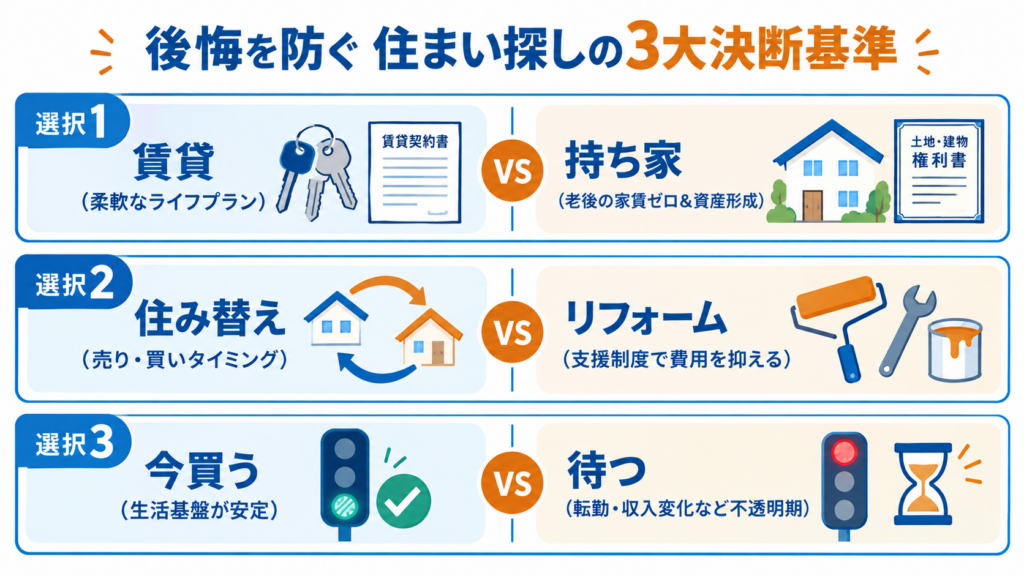 後悔を防ぐ住まい探しの3大決断基準を示した図解