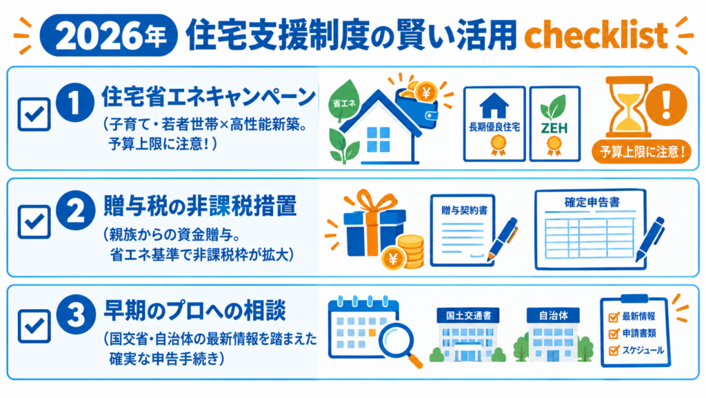 2026年に活用できる住宅省エネキャンペーンや贈与税非課税措置などの住宅支援制度チェックリスト