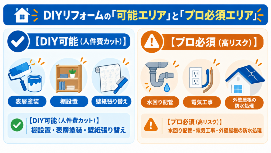 DIYリフォームで可能な作業とプロに依頼すべき高リスク作業を比較した図解。棚設置・塗装・壁紙張り替えと、水回り配管・電気工事・防水処理を区分