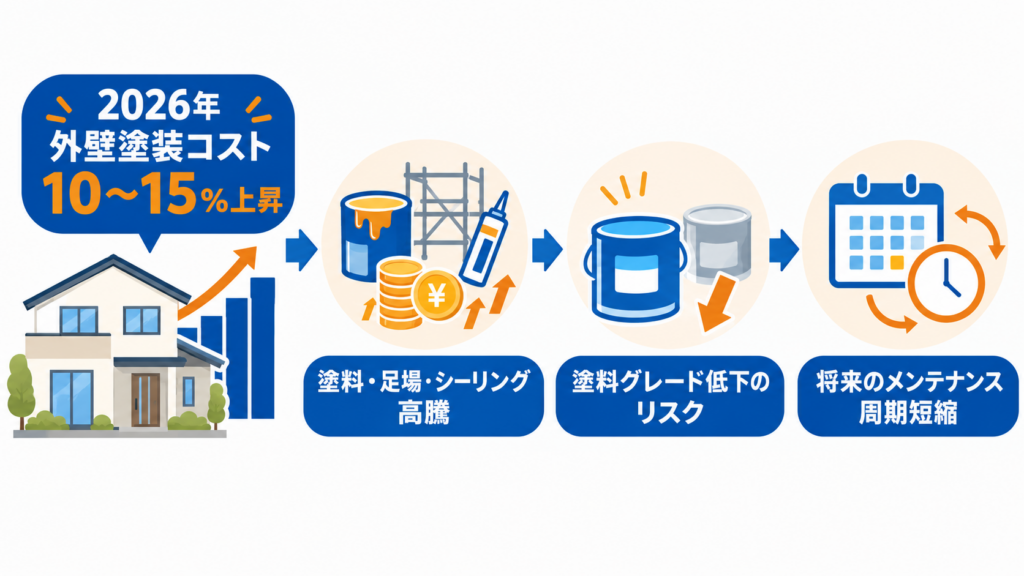 2026年の外壁塗装コスト10〜15%上昇と塗料・足場・シーリング高騰、塗料グレード低下によるメンテナンス周期短縮のリスクを示した図解