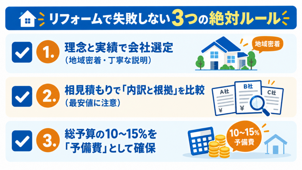 リフォームで失敗しないための3つのルールを示すチェックリスト。会社選定、相見積もりの内訳比較、総予算の10〜15%の予備費確保を解説
