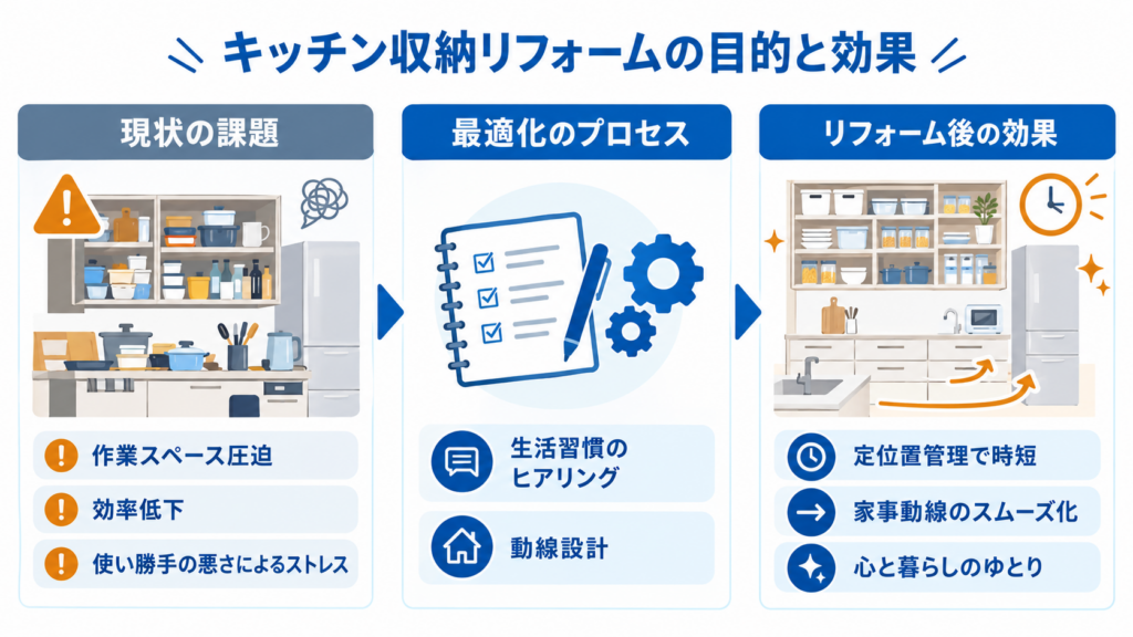 キッチン収納の課題、生活習慣に合わせた最適化、リフォーム後の効果を示した図解