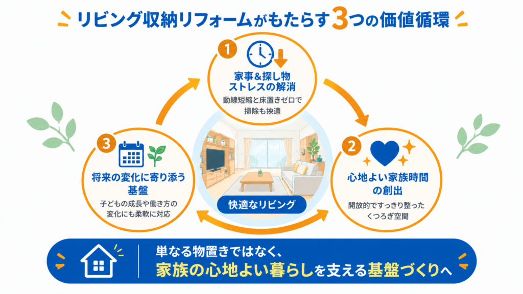 リビング収納リフォームによる家事や探し物のストレス軽減、家族時間の創出、将来の暮らしへの対応