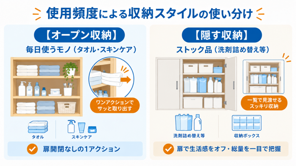 洗面所収納におけるオープン収納と隠す収納の使い分け。タオルやスキンケア用品、洗剤のストックなど使用頻度に応じた収納方法を紹介した図解