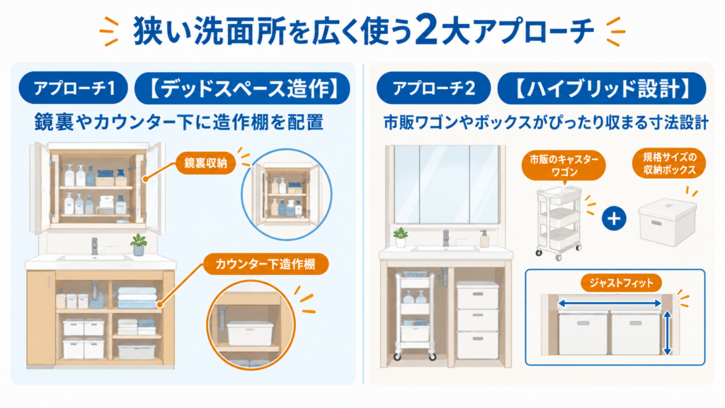 狭い洗面所の収納スペースを有効活用する方法。鏡裏やカウンター下の造作収納と市販ワゴン・収納ボックスを組み合わせる設計を紹介した図解