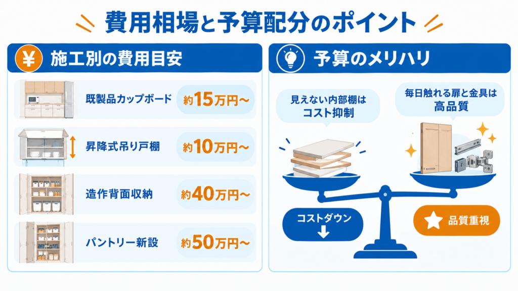 キッチン収納の施工別費用目安と、内部棚板や扉・金具の予算配分を示した図解