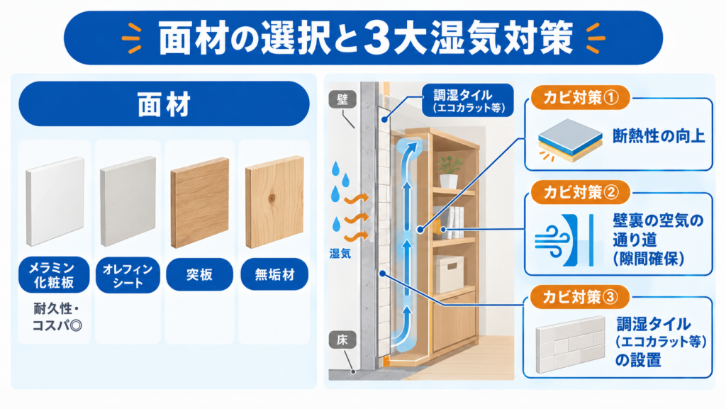 メラミン化粧板、オレフィンシート、突板、無垢材の面材サンプルと、断熱性の向上や壁裏の通気、調湿タイルによる湿気対策を示した図