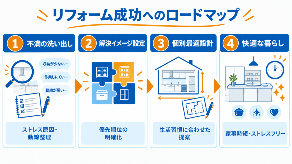 不満の洗い出し、解決イメージの設定、個別最適設計、快適な暮らしまでの流れを示した図解