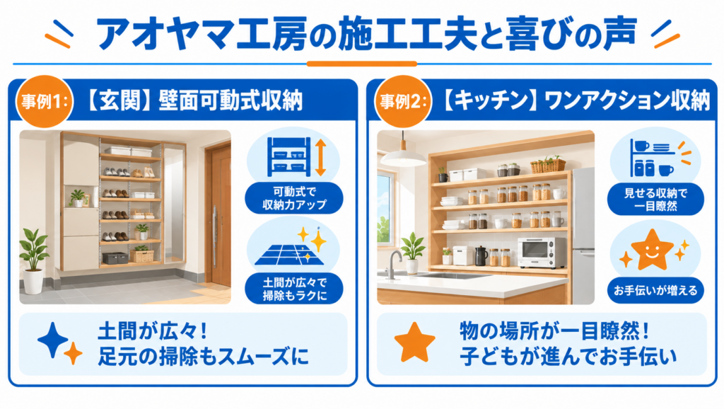 アオヤマ工房の収納リフォーム施工事例として、玄関の壁面可動式収納とキッチンのワンアクション収納を紹介する図解