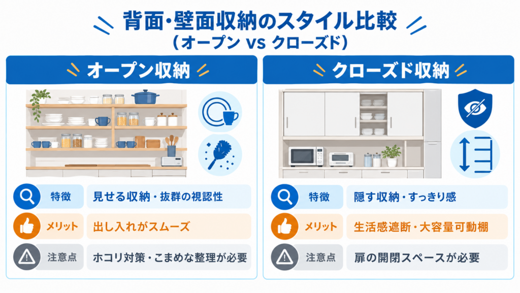 オープン収納とクローズド収納の特徴、メリット、注意点を比較した図解
