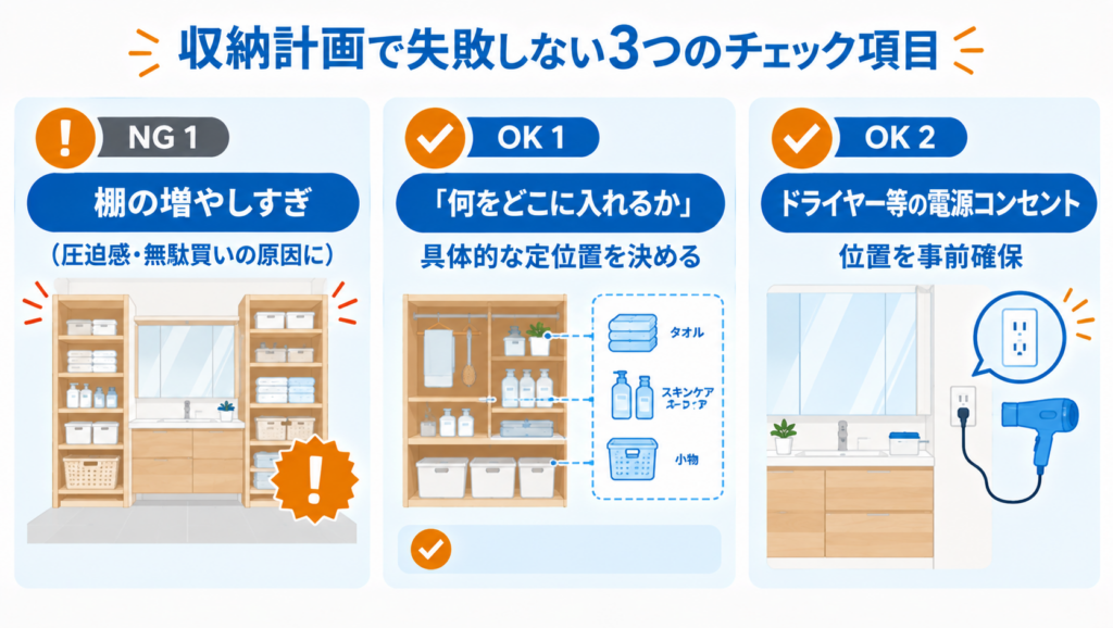 洗面所の収納計画で失敗しないための3つのチェック項目。棚の増やしすぎを防ぎ、収納物の定位置とドライヤーなどの電源位置を計画する方法を解説した図解