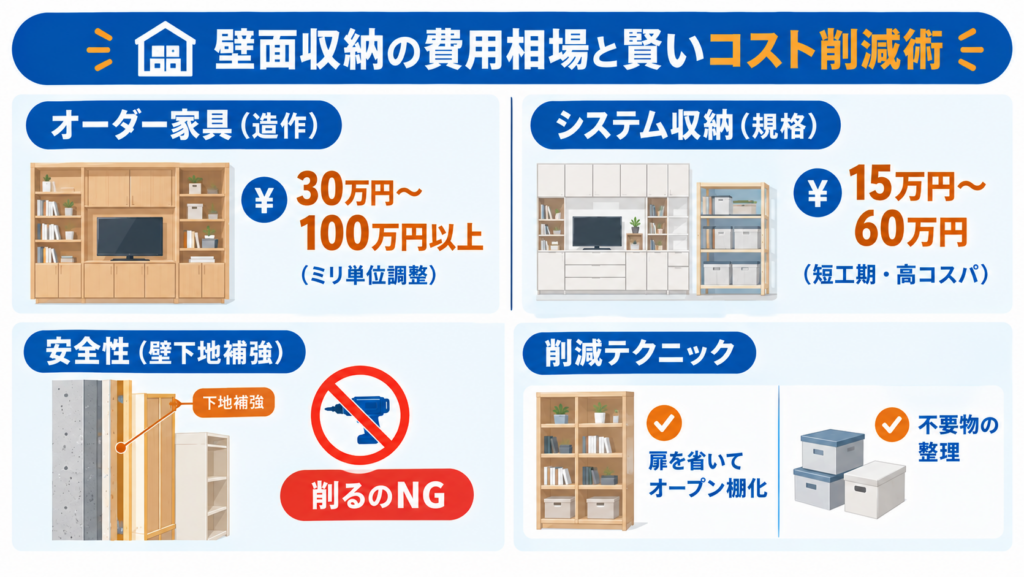 オーダー家具とシステム収納の費用相場、壁下地補強の重要性、扉を省いたオープン棚や不要物の整理によるコスト削減方法を示した図