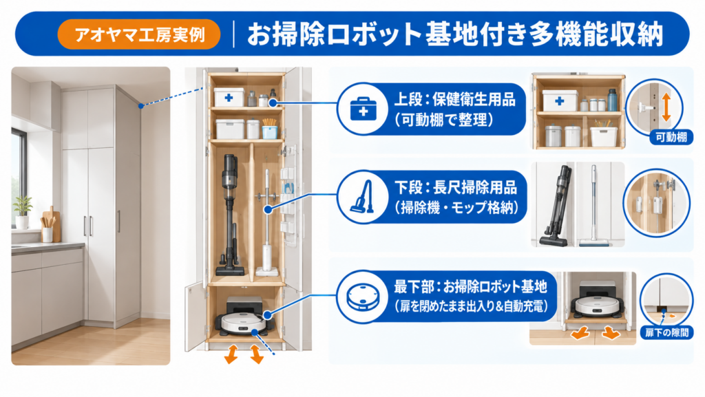 アオヤマ工房の施工実例として、上段に保健衛生用品、中段に掃除機やモップ、最下部にお掃除ロボットの基地を備えた収納キャビネットを示した図