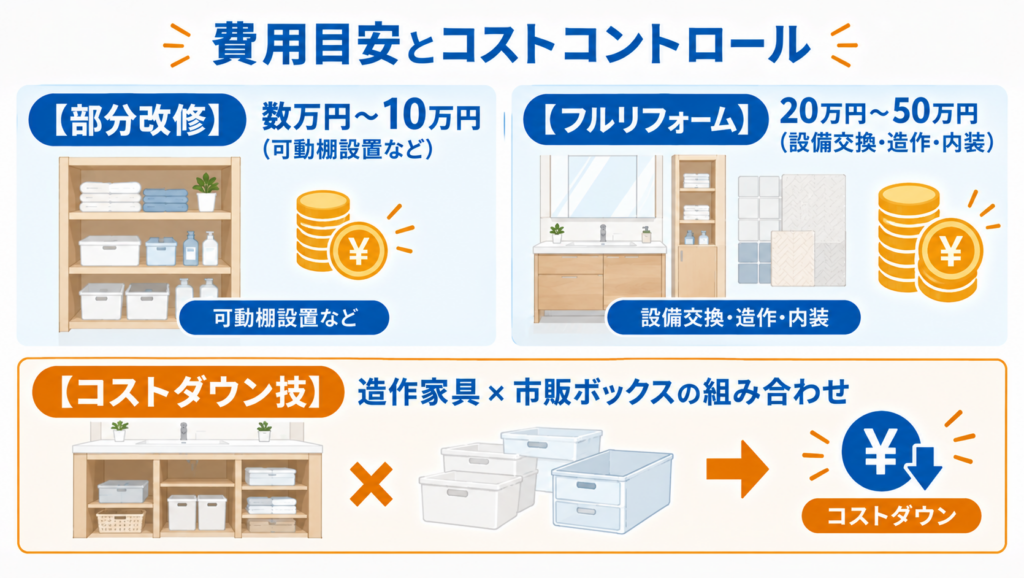 洗面所収納リフォームの費用目安。可動棚などの部分改修と設備交換を含むフルリフォームの費用比較、市販ボックスを活用したコストダウン方法を紹介した図解