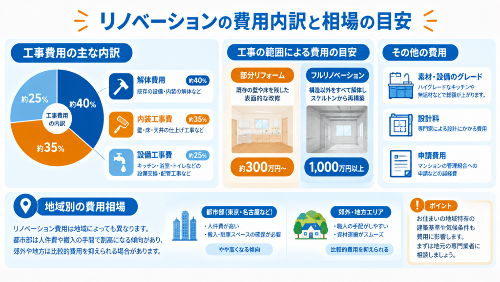 マンションリノベーションの費用内訳を示す図解。解体費用・内装工事費・設備工事費のほか、部分リフォームとフルリノベーションの費用目安、設計料や申請費用、地域別の費用相場を解説。