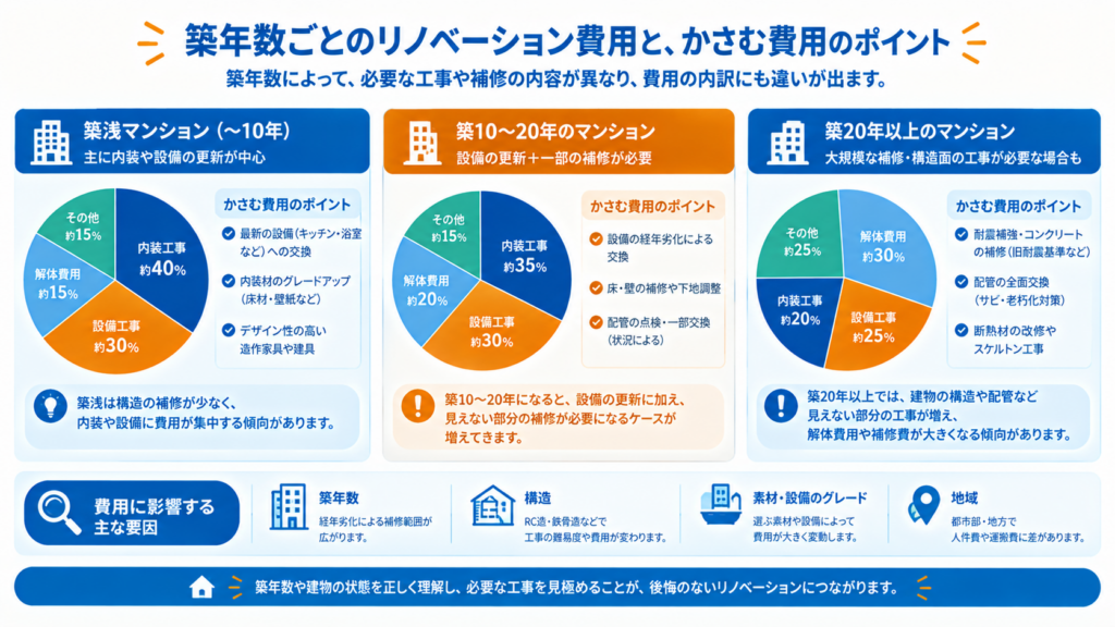 マンションの築年数ごとにリノベーション費用がかさむ要因を比較した図解。築10年以下は内装や設備の更新、築10〜20年は設備交換や床・壁の補修、築20年以上は耐震補強・コンクリート補修・配管交換・断熱改修などが費用に影響することを解説。