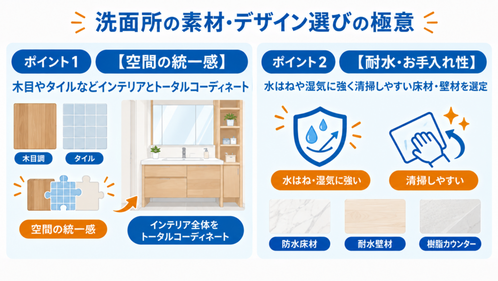 洗面所リフォームの素材・デザイン選びのポイント。木目やタイルによる空間の統一感と、耐水性・お手入れのしやすさを解説した図解