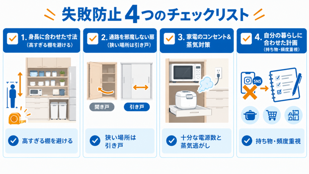 キッチン収納リフォームで確認したい寸法、扉、家電のコンセントと蒸気対策、暮らしに合わせた計画の4項目を示した図解