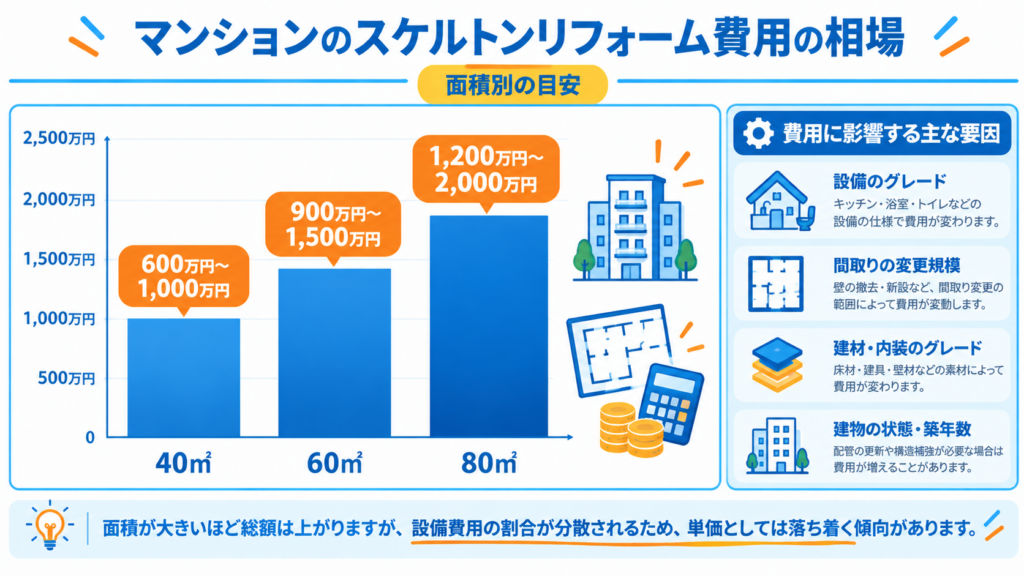 マンションのスケルトンリフォーム費用を40㎡・60㎡・80㎡の面積別に比較した棒グラフ