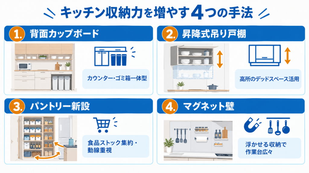 背面カップボード、昇降式吊り戸棚、パントリー、マグネット壁の4つの収納方法を紹介した図解