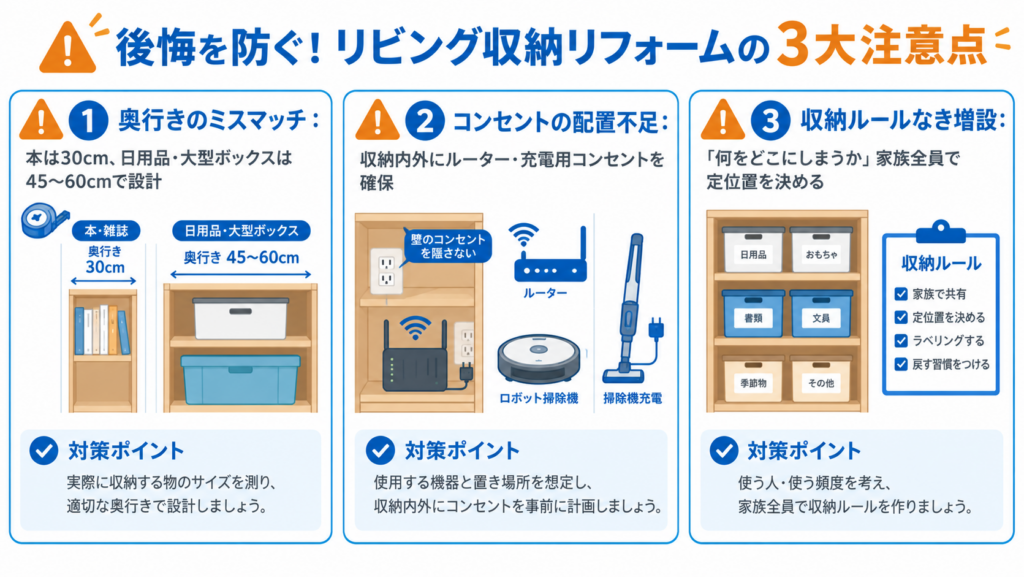 リビング収納リフォームで後悔しないための奥行き・コンセント配置・収納ルールの3つの注意点