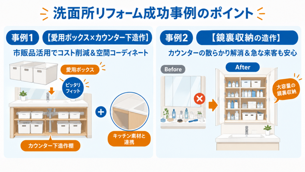 洗面所リフォームの成功事例。愛用収納ボックスに合わせたカウンター下の造作棚と、大容量の鏡裏収納によるカウンターの整理を紹介した図解