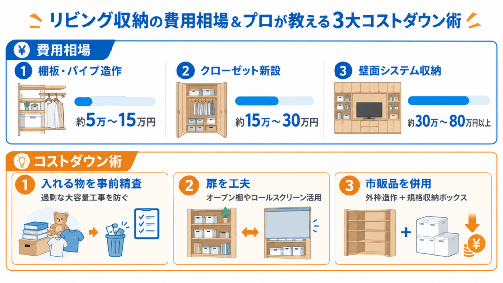 リビング収納リフォームの費用相場と、持ち物の整理・扉の工夫・市販品の併用によるコストダウン方法