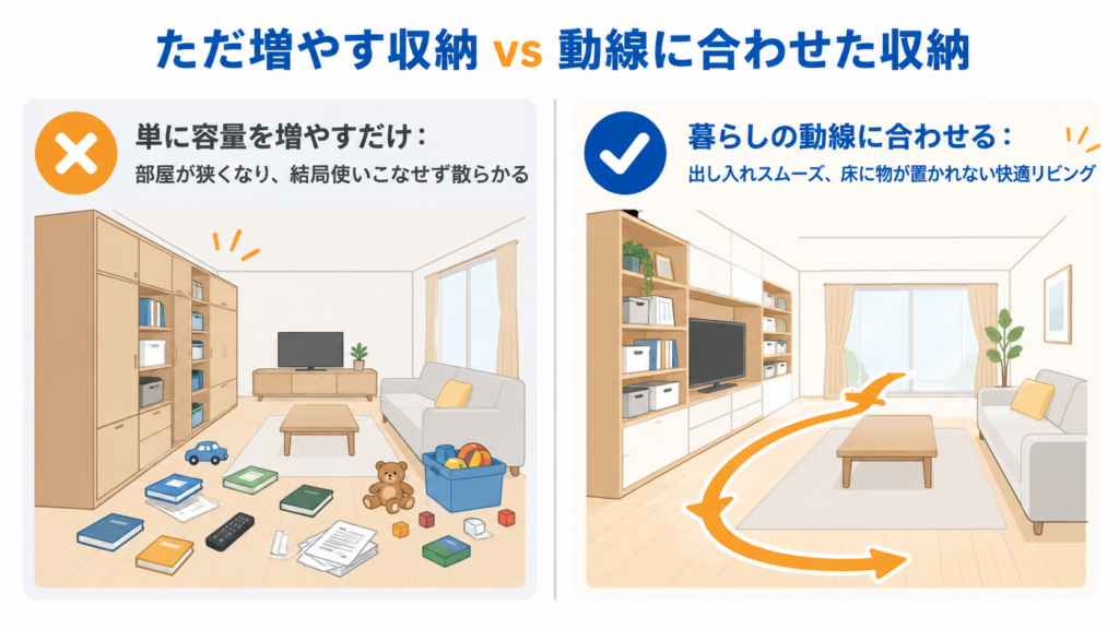 リビング収納リフォームで失敗しないための収納量と生活動線の比較