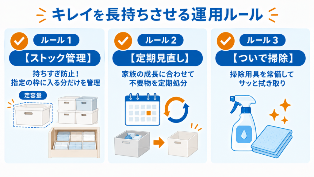 洗面所収納のきれいな状態を長持ちさせる管理方法。ストック量の管理、定期的な見直し、ついで掃除の3つのルールを紹介した図解
