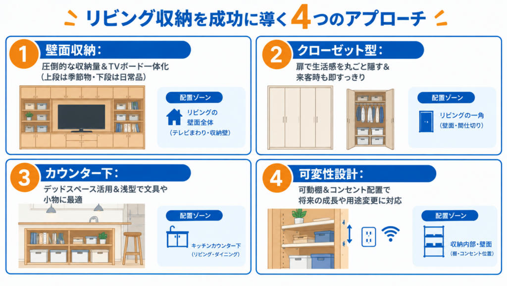 リビング収納リフォームの4つのアイデアを紹介する図解。壁面収納、クローゼット型収納、カウンター下収納、可動棚を活用した収納方法と配置のポイントを解説。