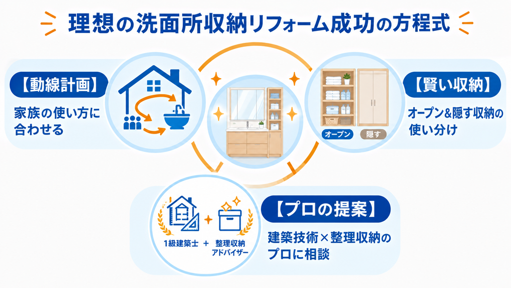 理想の洗面所収納リフォームを実現する3つの要素。家族の使い方に合わせた動線計画、オープン収納と隠す収納の使い分け、建築技術と整理収納の専門家による提案をまとめた図解